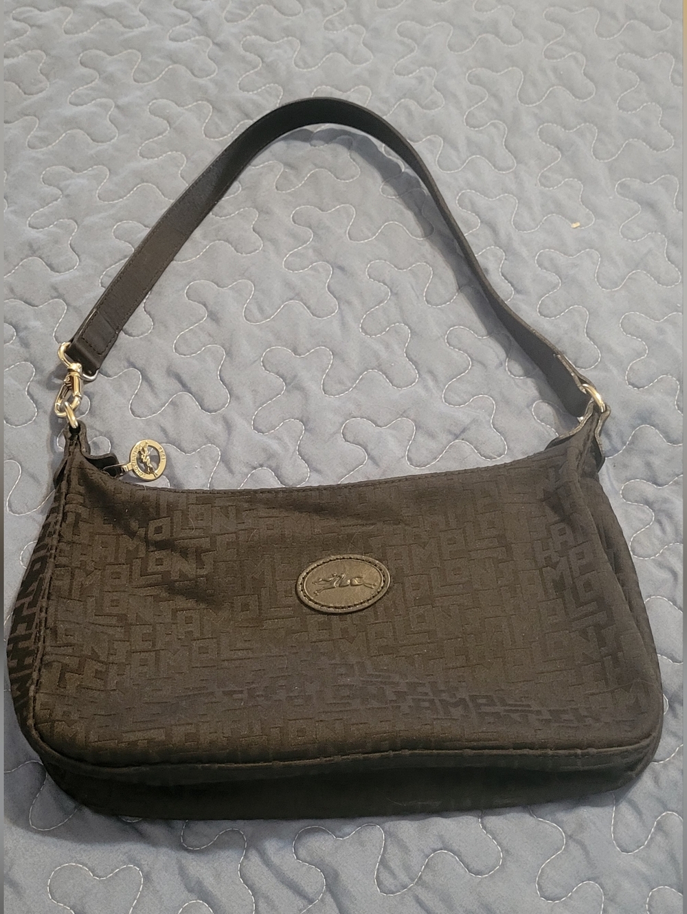 Longchamp Signature Jacquard Black Leather Strap Women's Shoulder Bag